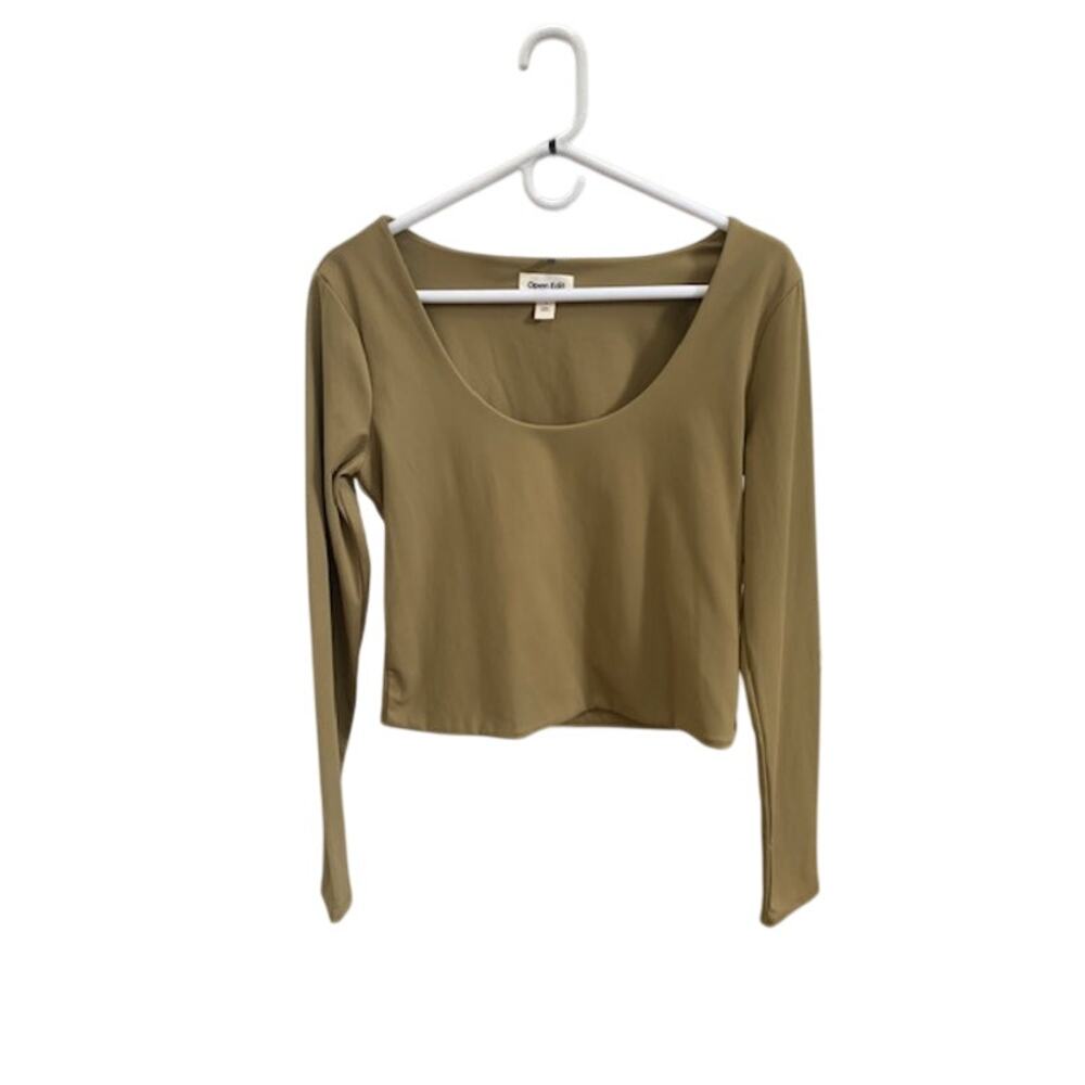 Open Edit Women Long Sleeve Scoop Neck Top Olive Green Size L‎ NWT Stretch Basic